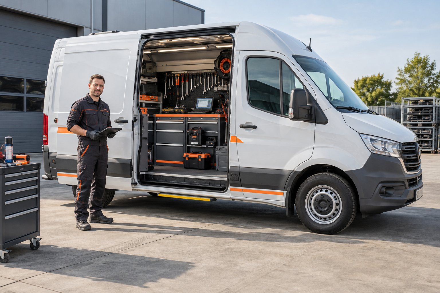 Illustration d’un camion atelier aménagé avec outils et équipement de diagnostic